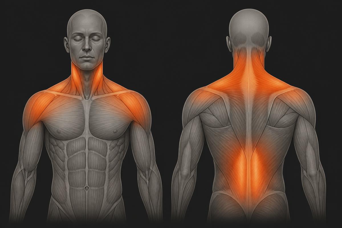 Illustration of neck, shoulder and lower-back tension zones highlighted in orange