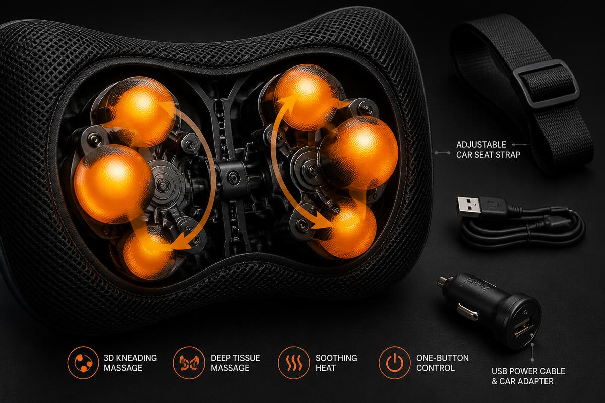 Cutaway view of the RyoZen Massage™ node mechanism with car strap, USB cable and adapter